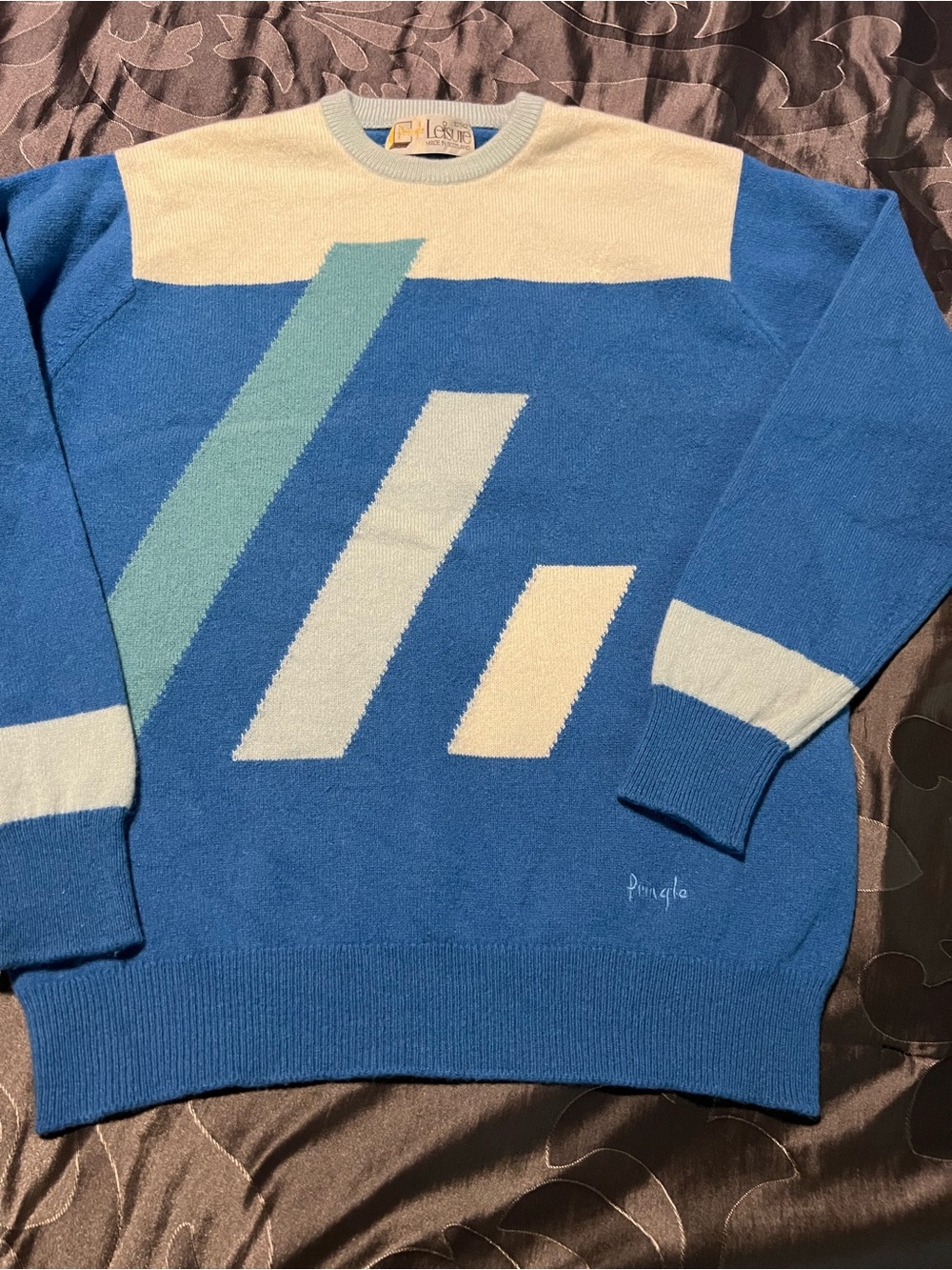VTG Pringle Leisure Scotland Pure Lambswool Blue Crewneck Sweater Cream Aqua M